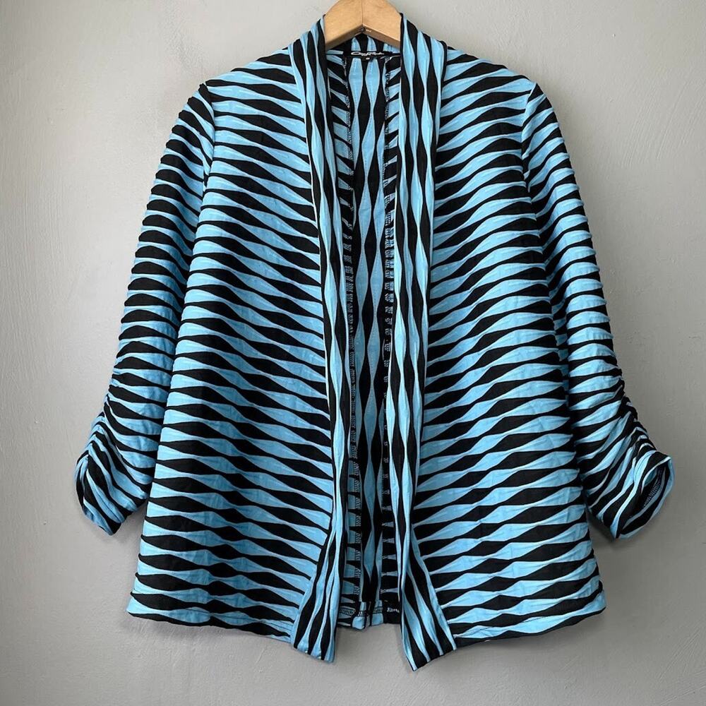 Cheryl Nash Cardigan Size Small Blue Black Geometric Travel Knit Funky Artsy